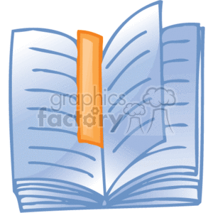 The image is a clipart illustration of an open book with pages visible. There appears to be a bookmark or a label placed within the pages towards the middle of the book to mark a spot. The book has blue covers and pages, with the bookmark or label colored in orange. The style of the image is simple and cartoony, typical of what's used in educational materials, instructions, or to represent reading and studying in a business or office context.