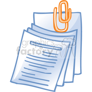 The image is a piece of clipart that depicts a stack of paper documents or files that are bound together by a paper clip. The paper clip is orange in color and the documents appear to have text lines, representing written content. It represents business or office supplies that are commonly used in a work environment for organizing paperwork, contracts, or other documents.