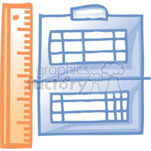 The clipart image depicts a set of business office supplies associated with work tasks. There is a ruler on the left side, indicating measurement tasks, and what appears to be a clipboard with two schedule charts or document outlines, which suggests organization, planning, and paperwork management. It's a simple representation of items you might find on a desk for someone who is managing schedules or needs to keep track of various tasks or appointments in a business environment.