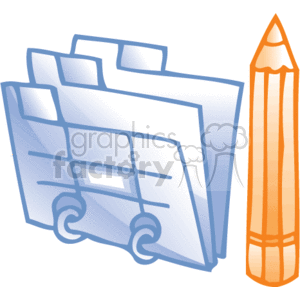 This is a stylized clipart image featuring a set of folders, likely representing file folders for organizing documents, and a pencil next to them. The folders appear to have labels or tabs on the top, and the pencil is designed with a traditional hexagonal body and a pointed tip, suggesting it is meant for writing or drawing. This image would commonly be associated with business or office work, representing the organization of paperwork and the tools for note-taking or document creation.