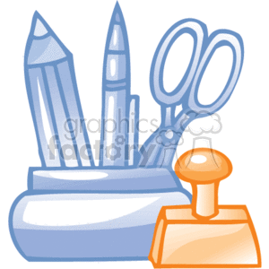 The clipart image contains common office supplies. There is a pencil, a pen, a pair of scissors, and a stamp with a handle. These items are typical for a work desk environment where various tasks such as writing, cutting paper, and stamping documents are performed.