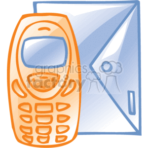 The clipart image displays a cell phone and an envelope side by side. The cell phone appears to be an older model with a physical keypad and small screen. The envelope is depicted as being slightly open, indicating that it may contain mail or documents. These items symbolize communication tools commonly used in business and office settings for the purposes of work-related correspondence and contact.