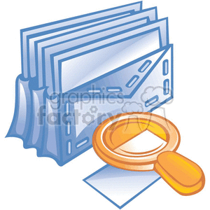 The clipart image depicts a stack of envelopes, symbolizing mail or documents, alongside a magnifying glass, which represents searching or scrutinizing information. These items are commonly associated with business work and are essential supplies for managing correspondence, conducting investigations, or detailed reading within a business or office environment.
