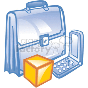 The clipart image features:
- A briefcase, which is typically used to carry documents and business-related materials.
- A flip-style cell phone, which is a mobile device used for communication.
- A small yellow cube, which might represent an abstract concept or a placeholder for another business-related item but is not a specific standard business supply.