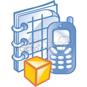 This clipart image shows a spiral-bound planner or schedule and an old-style cell phone, indicative of business work supplies commonly used for organizing appointments and managing communications. There is also what appears to be a simple representation of a cube, possibly symbolizing a package or a product, which could be used in the context of planning and organization in a business setting. The overall theme of the image seems to be related to business organization, scheduling dates, meetings, and managing tasks.
