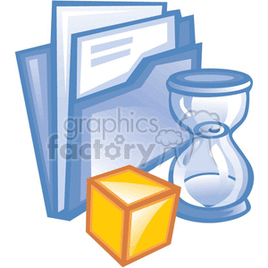 The clipart image depicts a stack of files or documents, an hourglass, and a block or cube. The items may represent business work, the concept of time management, organization, or the passage of time related to work tasks.