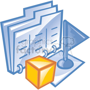 The clipart image shows a stack of blue folders with papers inside, indicating documents or files. Alongside the folders, there is a yellow cube and a flag on a stand, the latter possibly representing a desk flag or a placeholder.