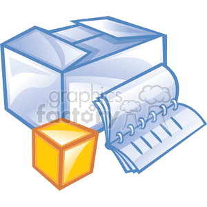 The clipart image depicts three items typically associated with office work or business supplies. There is a stack of paper, seemingly printer or copier paper. Beside it is a notepad, which has a spiral binding at the top and the pages appear to be torn off from the bottom. Finally, there's a small cubic object which appears to be a sticky note pad or a block of Post-it notes.