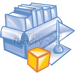 This image contains various illustrated office or business supplies. There are several binders or folders stacked in an organized manner. To the right of the folders is an object that appears to be a pen or a stylus standing on a base, possibly indicative of a signing or writing implement. In the forefront of the image to the left is a smaller, singular box, which could represent storage or packing material for moving supplies.