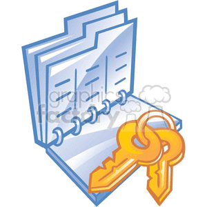The clipart image depicts a set of three blue documents or files bound together by a ring binder, accompanied by a pair of golden keys on a single key ring. The papers appear to have lines indicating text or content on them.