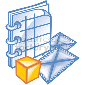 The clipart image depicts a collection of business-related items. There is a ring-bound notebook or planner, often used for scheduling and organizing tasks. Adjacent to it, there's an envelope representing mail or correspondence. Lastly, there is a cube, possibly representing a package or a product, adding a three-dimensional aspect to the composition of business elements.