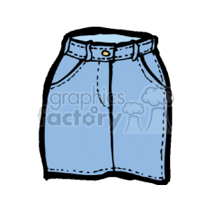 The clipart image shows a denim skirt. It features the typical elements of jeans-style clothing, such as a waistband with belt loops, a front closure that's likely a button, and visible stitching that follows the contours of a traditional five-pocket jean design. The skirt is short and has a straight cut.