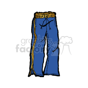 The clipart image depicts a pair of blue pants with a yellow stripe on the side. They have an elastic waistband and appear to be drawn in a simplistic style.