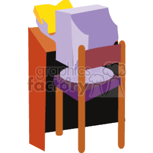 This clipart image appears to feature a simplistic representation of an educational setting. There's a brown wooden desk with a purple chair. Resting on the desk, there seems to be an open book or pages, signifying studying or reading. However, there are no computers visible in this image, only an open book, which might be used for learning or reading purposes.