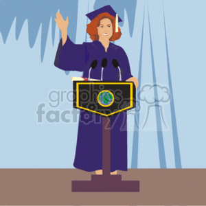 This clipart image depicts a happy individual in a graduation cap and gown standing behind a podium with a microphone. They are raising one hand as if to wave or gesture during a speech. There are several diplomas on the podium, and a blue background with curtains, suggesting this is a graduation ceremony setting.