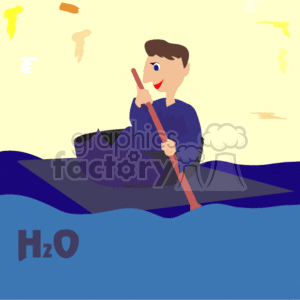 This clipart image depicts a stylized character wearing a graduation cap and gown, sitting in a small boat on water, with one paddle in hand. There is also the chemical symbol for water H2O depicted at the bottom of the image.