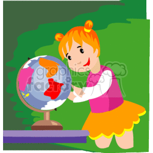 The clipart image features a young girl with orange hair styled in two pigtails, smiling as she touches a colorful desk globe. She is wearing a pink sleeveless top with a yellow skirt. The background is an abstract green pattern, possibly suggesting a classroom or educational setting. 