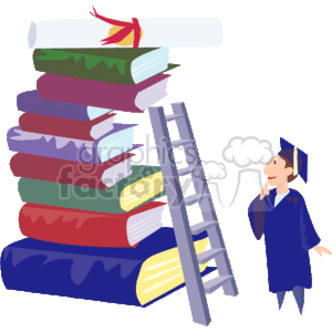 The clipart image features a stack of colorful books with a diploma placed on top. Beside the stack, there's a ladder that leads up to the diploma, symbolizing the climb or journey to academic success. A person is standing next to the stack of books, dressed in a graduation cap and gown, looking pensive or contemplative, perhaps considering the achievement or the next steps after graduation.
