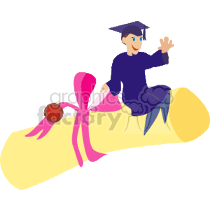 This clipart image features a joyful cartoon character dressed in a blue graduation cap and gown sitting atop a large diploma that is rolled up and tied with a pink ribbon. The character's gown is waving as if in motion, and the cap is adorned with a blue tassel. The cartoon graduate is waving in a welcoming or celebratory manner. The background is transparent.