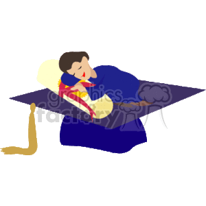 The clipart image depicts a stylized character lying atop a giant graduation cap, or mortarboard, clutching a diploma tied with a red ribbon. The person appears to be in academic regalia, suggesting they are a graduate, and they seem to be in a relaxed or celebratory pose, possibly signifying satisfaction or relief at having graduated.