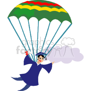 This clipart image features a character wearing a graduation cap and gown, descending with a parachute which is partially open above. The parachute has multiple colors (green, yellow, and red) at its canopy. The graduate is holding onto the parachute lines and is also holding a diploma in one hand, which is emphasized with a red ribbon tied around it. In the background, there's a stylized representation of a cloud.