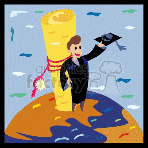 A Man in a Cap and Gown Standing on the World with a Large Diploma