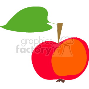 The image depicts a stylized, clipart illustration of a red apple with a contrasting orange shading on one side, indicating depth and dimension. It has a brown stem at the top and a green leaf angled to the left.