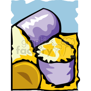 The clipart image depicts a stylized illustration of popcorn. The image features at least three popped kernels of popcorn with a simplified design in vibrant colors like yellow, purple, and white, against a blue background.