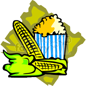 The clipart image features a box of popcorn and two ears of corn against a stylized green and yellow background. The popcorn box is striped with blue and white, and it is overflowing with yellow popcorn. The ears of corn are depicted with green husks partially covering the yellow kernels.