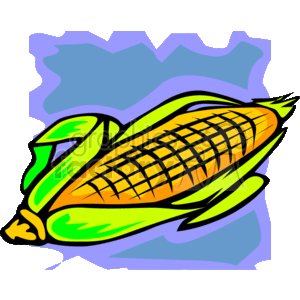 The clipart image shows a brightly colored cartoon representation of a corn on the cob, with its yellow kernels visible and green husks partially covering it. The background consists of a simple abstract design in shades of blue and purple.