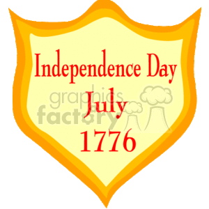 The clipart image displays a shield-like emblem in yellow with a banner shape, and it features the text Independence Day July 1776 in red.