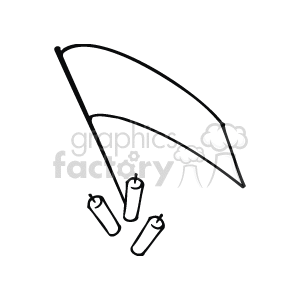 This image is a black and white clipart of 3 firecrackers and a blank flag on a pole / stick