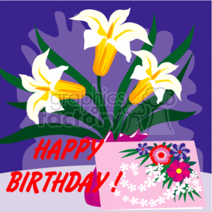 The clipart image features a vibrant bouquet of white lilies with yellow centers, set against a purple background. The lilies are placed in a pink pot with a floral design. On the front of the pot, the festive message HAPPY BIRTHDAY! is inscribed in bold red lettering.