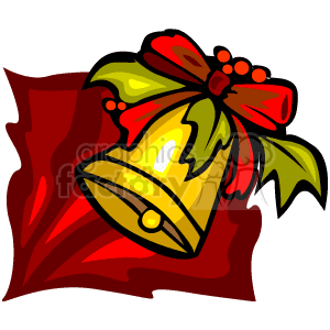 The image displays a stylized, festive Christmas bell. It is decorated with holly leaves and berries, and it has a large red bow on top. The bell appears to be golden, and it's set against a red, ribbon-like background that evokes feelings of the holiday season.