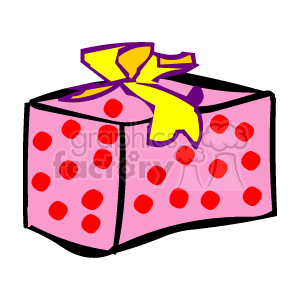 This clipart image depicts a pink gift box with red polka dots and a yellow bow on top.