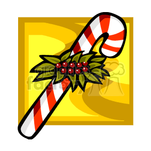 The image depicts a traditional Christmas candy cane, adorned with a green holly leaves and red holly berries. The candy cane is red and white striped, a classic color scheme for this type of holiday sweet.