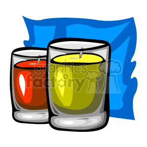 The image depicts two candles in glass jars. One candle is red, and the other is yellow or lime green. Both are set against a blue rippled backdrop suggestive of a festive atmosphere.