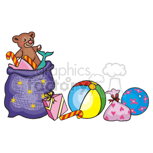 The clipart image depicts a collection of colorful Christmas gifts and toys. There is a teddy bear peeking out from a large purple gift bag decorated with yellow stars. Surrounding the bag are various wrapped gifts, a candy cane, and a large, multicolored beach ball with stars on it. The image is festive and suggests a joyful holiday gift-giving scene.