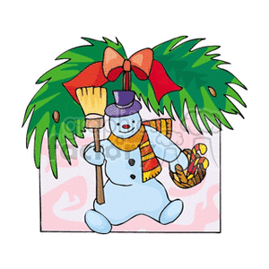 Hanging Snowman Ornament Holding a Broom and a Basket Full of Candy Canes 