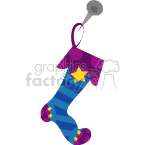 The image depicts a Christmas stocking decorated with stars and stripes in various colors, hanging from a nail or hook. The stocking is a traditional holiday decoration often associated with the gifting of small presents during the Christmas season.