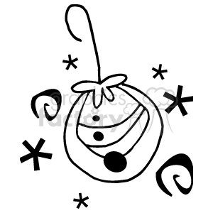 This clipart image features a Christmas ornament, specifically a bauble, decorated with stripes and a dot pattern. The ornament has a ribbon on top, making it ready to hang. Surrounding it are snowflakes and swirls, suggesting a winter theme associated with the holiday season.
