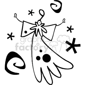 This is a simplistic, stylized black and white clipart image of a flying Christmas angel with a halo above its head. The angel appears to be in a joyful pose with arms raised. There are decorative elements around the angel, including swirls and stars, which contribute to the festive and whimsical mood of the image.