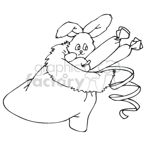 The image is a black and white clipart of a cartoon bunny holding a Christmas stocking. The bunny appears to be popping out of the stocking, along with some other gifts, and there are decorative ribbons attached to the stocking.