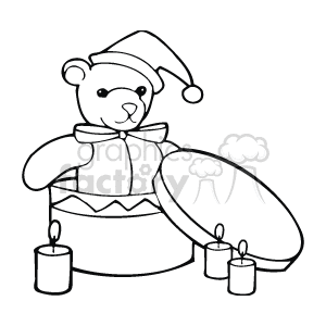 The clipart image shows a teddy bear wearing a Santa hat and bow, sitting inside an open gift box. Surrounding the teddy bear are 3 lit candles, which contribute to the Christmas theme of the illustration.