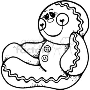 The image depicts a line-art illustration of a country-style gingerbread man cookie. The gingerbread man has button details, a smiling face with rosy cheeks, and a wavy outline, suggesting icing or decoration typical of a gingerbread cookie. It appears to be in a sitting position and exhibits a cheerful demeanor associated with the festive Christmas season.