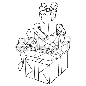 The clipart image depicts a stack of three holiday presents or gifts. Each gift is adorned with a bow, and the largest present at the bottom has a Christmas-themed decoration, possibly a poinsettia or a similar festive design element. The gifts are wrapped, suggesting a holiday or Christmas theme.