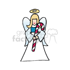This clipart image depicts a cartoon of a Christmas angel holding a candy cane. The angel is illustrated with a halo above its head, wings on its back, and it is wearing a white robe. The candy cane is in traditional Christmas red and white stripes.
