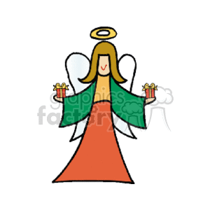 The clipart image features a stylized angel associated with Christmas festivities. The angel has a simplistic and cheerful design, with a halo above its head, angelic wings, and is holding two small gifts or presents. The angel is wearing a red dress with a green shawl or cloak, reflecting traditional Christmas colors.