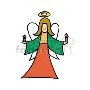 The image is a simple and colorful clipart depicting a smiling angel associated with the Christmas holidays. The angel is wearing a long red dress with a green shawl or cloak and has yellow halo above her head. She has two outstretched wings and is holding a lit candle in each hand.