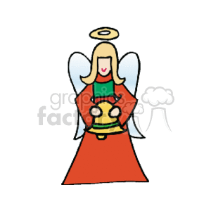 The clipart image depicts a stylized Christmas angel. The angel is wearing a red gown with green collar, has blonde hair, and is holding a yellow bell. The angel also has white wings and a golden halo above its head.